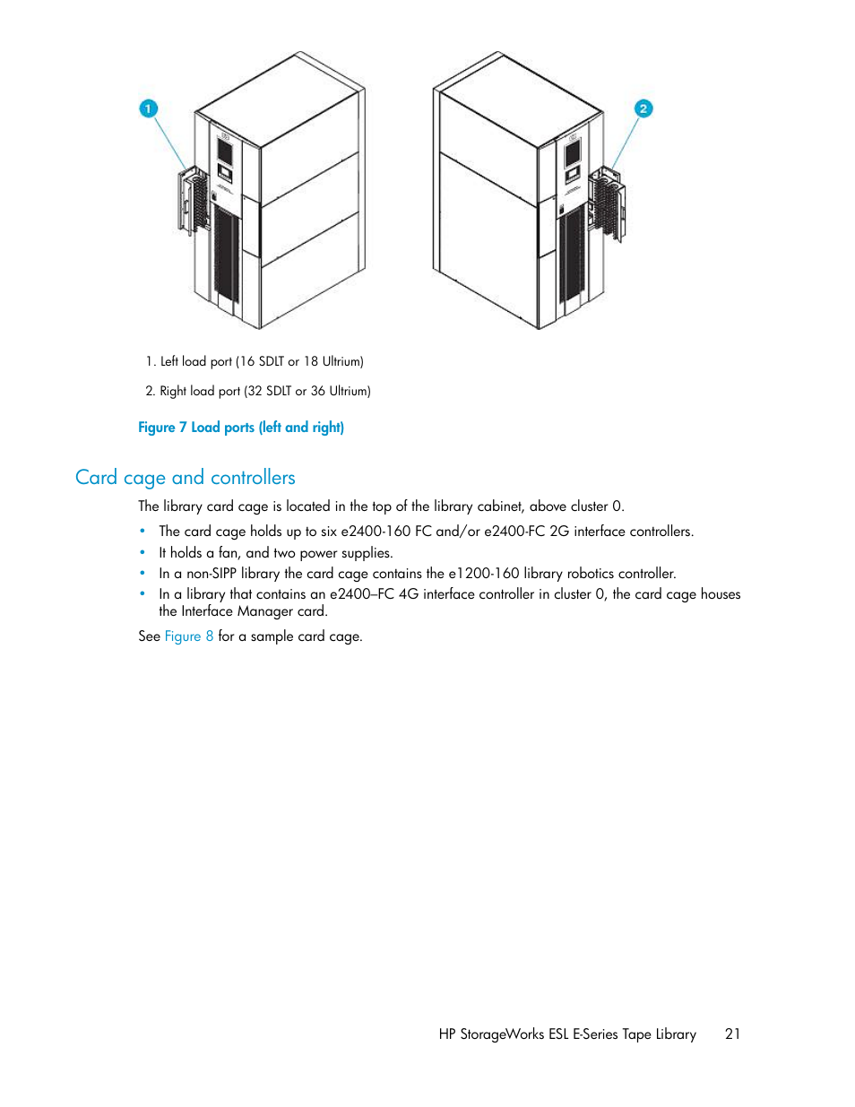 Card cage and controllers, Load ports (left and right), Figure 7 | HP ESL E-series Tape Libraries User Manual | Page 21 / 176