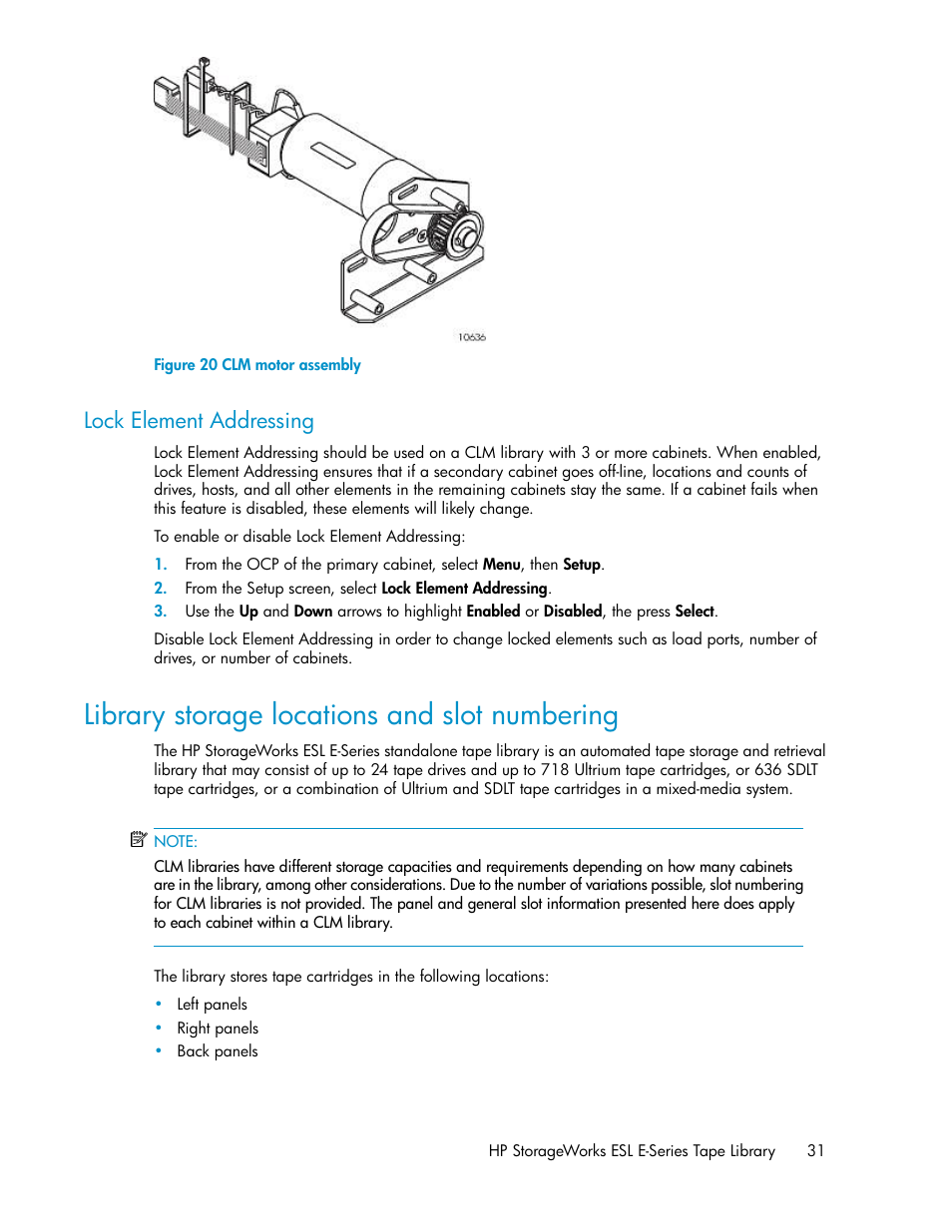 Lock element addressing, Library storage locations and slot numbering, Clm motor assembly | Library storage locations, And slot numbering, Figure 20 | HP ESL E-series Tape Libraries User Manual | Page 31 / 176