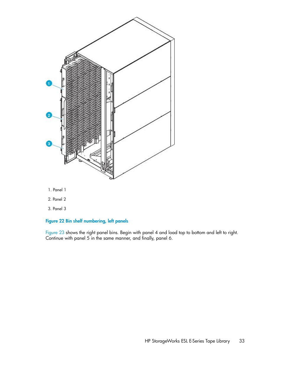 Bin shelf numbering, left panels, Figure 22 | HP ESL E-series Tape Libraries User Manual | Page 33 / 176