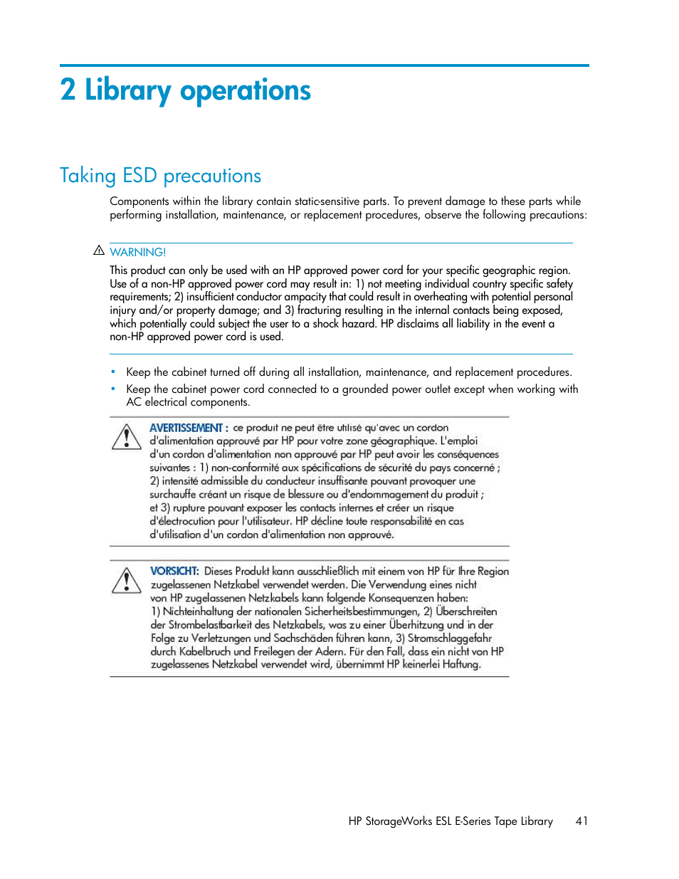 2 library operations, Taking esd precautions | HP ESL E-series Tape Libraries User Manual | Page 41 / 176