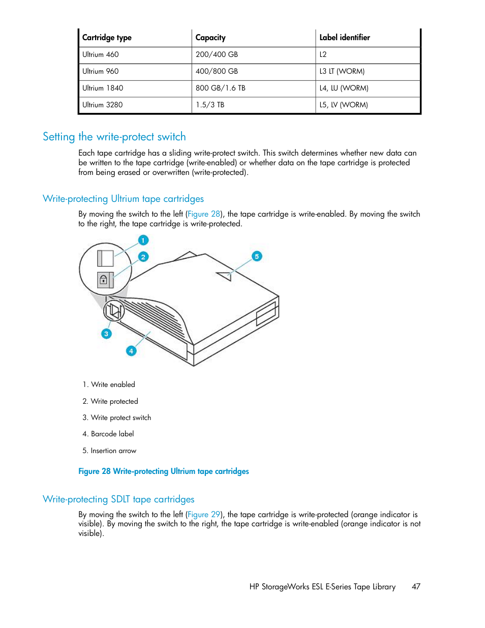 Setting the write-protect switch, Write-protecting ultrium tape cartridges, Write-protecting sdlt tape cartridges | 47 write-protecting sdlt tape cartridges | HP ESL E-series Tape Libraries User Manual | Page 47 / 176