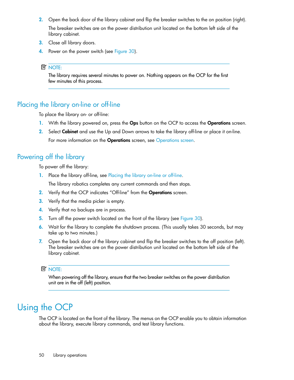 Placing the library on-line or off-line, Powering off the library, Using the ocp | 50 powering off the library | HP ESL E-series Tape Libraries User Manual | Page 50 / 176