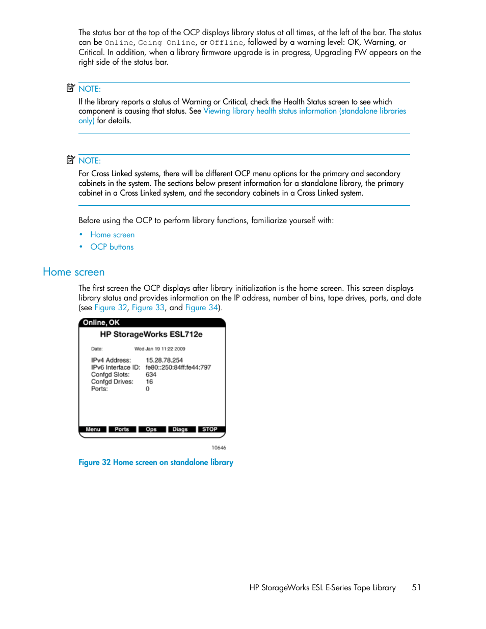 Home screen, Home screen on standalone library | HP ESL E-series Tape Libraries User Manual | Page 51 / 176