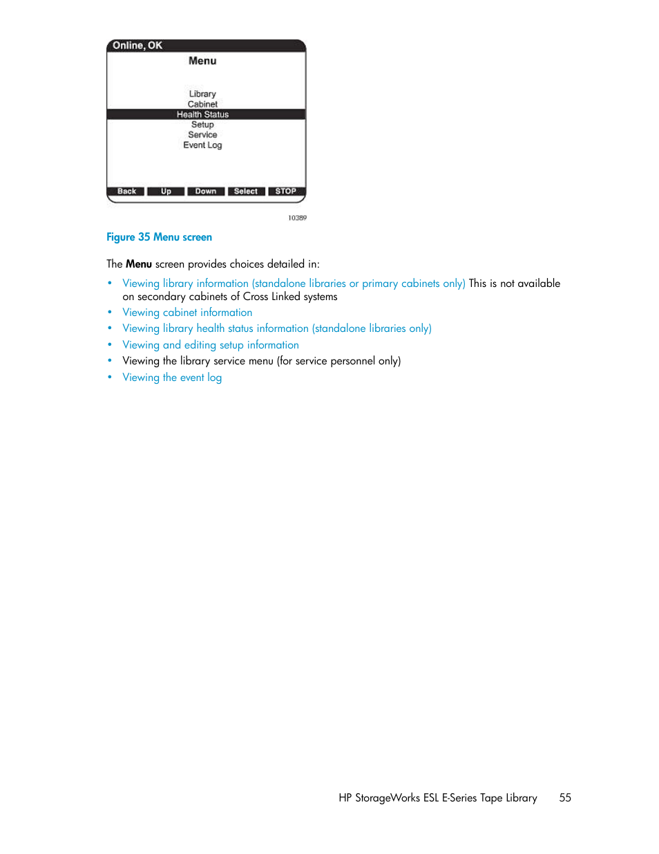 Menu screen, Figure 35 | HP ESL E-series Tape Libraries User Manual | Page 55 / 176