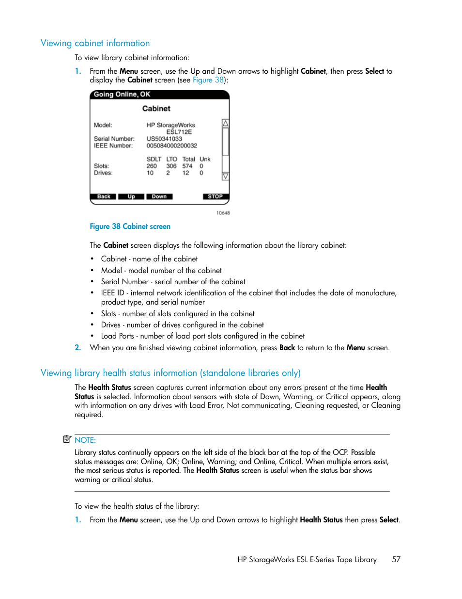 Viewing cabinet information, Cabinet screen, Only) | HP ESL E-series Tape Libraries User Manual | Page 57 / 176