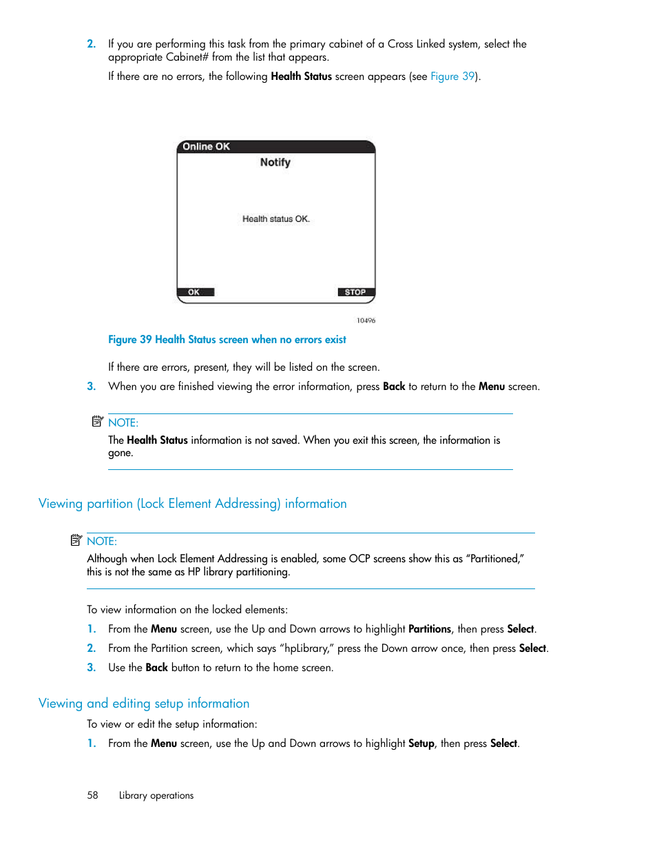 Viewing and editing setup information, 58 viewing and editing setup information, Health status screen when no errors exist | HP ESL E-series Tape Libraries User Manual | Page 58 / 176