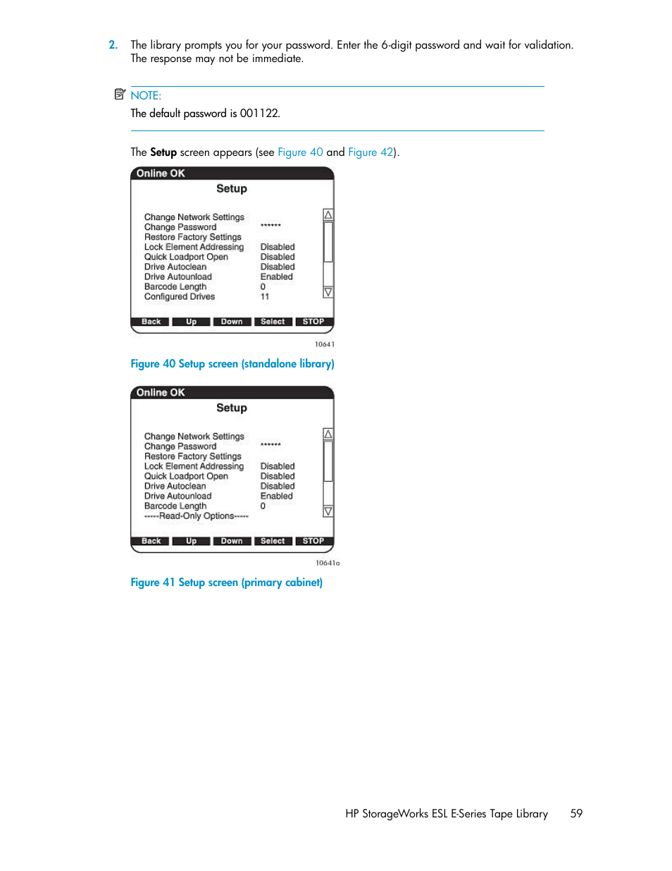 Setup screen (standalone library), Setup screen (primary cabinet) | HP ESL E-series Tape Libraries User Manual | Page 59 / 176