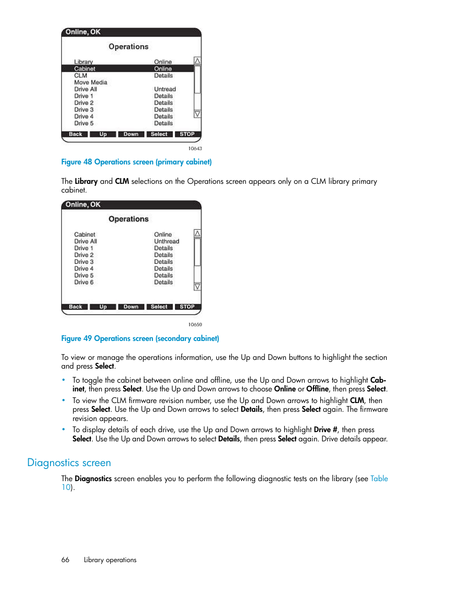 Diagnostics screen, Operations screen (primary cabinet), Operations screen (secondary cabinet) | HP ESL E-series Tape Libraries User Manual | Page 66 / 176