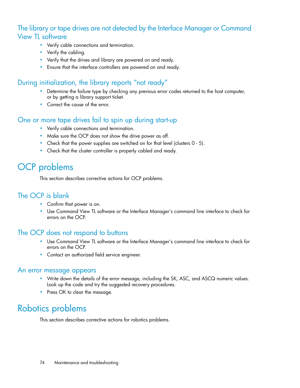 Ocp problems, The ocp is blank, The ocp does not respond to buttons | An error message appears, Robotics problems, 74 the ocp does not respond to buttons, 74 an error message appears | HP ESL E-series Tape Libraries User Manual | Page 74 / 176