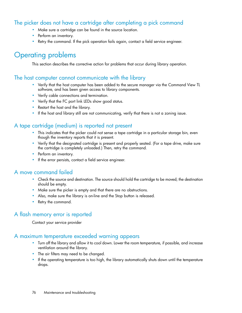 Operating problems, A tape cartridge (medium) is reported not present, A move command failed | A flash memory error is reported, A maximum temperature exceeded warning appears, 76 a move command failed, 76 a flash memory error is reported, 76 a maximum temperature exceeded warning appears | HP ESL E-series Tape Libraries User Manual | Page 76 / 176