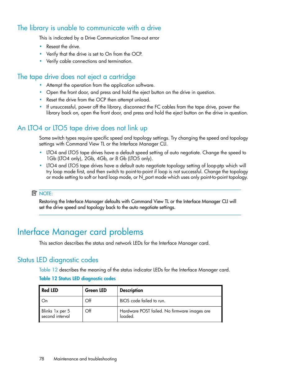 The library is unable to communicate with a drive, The tape drive does not eject a cartridge, An lto4 or lto5 tape drive does not link up | Interface manager card problems, Status led diagnostic codes, 78 an lto4 or lto5 tape drive does not link up | HP ESL E-series Tape Libraries User Manual | Page 78 / 176