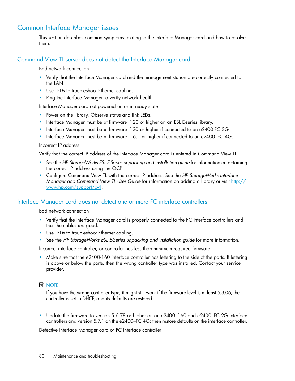 Common interface manager issues | HP ESL E-series Tape Libraries User Manual | Page 80 / 176