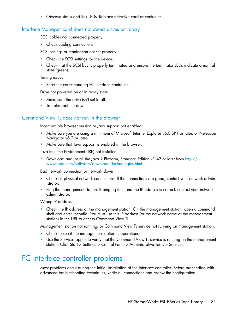Command view tl does not run in the browser, Fc interface controller problems, 81 command view tl does not run in the browser | HP ESL E-series Tape Libraries User Manual | Page 81 / 176