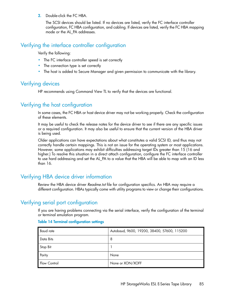 Verifying the interface controller configuration, Verifying devices, Verifying the host configuration | Verifying hba device driver information, Verifying serial port configuration, 85 verifying devices, 85 verifying the host configuration, 85 verifying hba device driver information, 85 verifying serial port configuration, Terminal configuration settings | HP ESL E-series Tape Libraries User Manual | Page 85 / 176