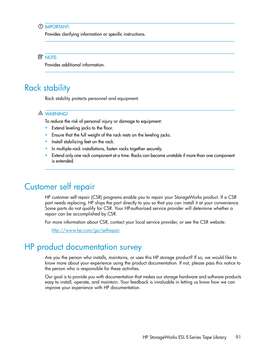 Rack stability, Customer self repair, Hp product documentation survey | 91 customer self repair, 91 hp product documentation survey | HP ESL E-series Tape Libraries User Manual | Page 91 / 176