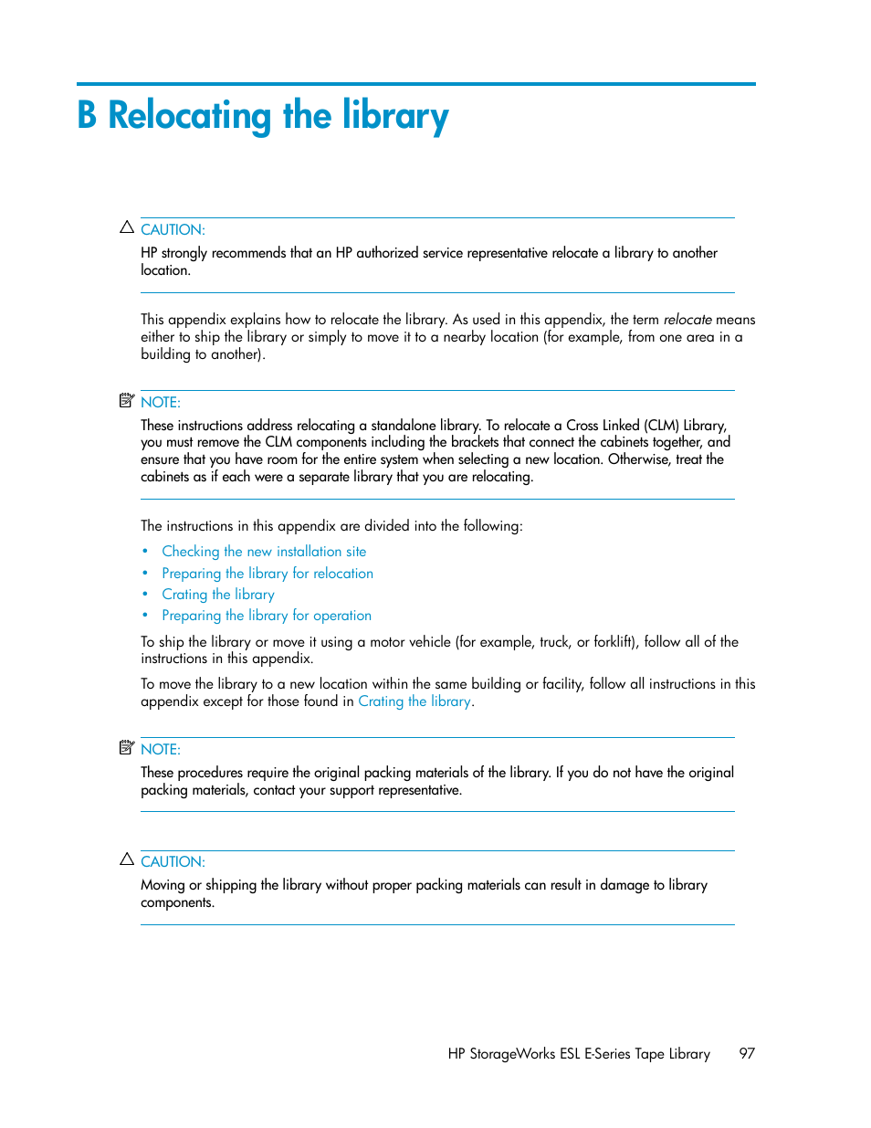 B relocating the library | HP ESL E-series Tape Libraries User Manual | Page 97 / 176