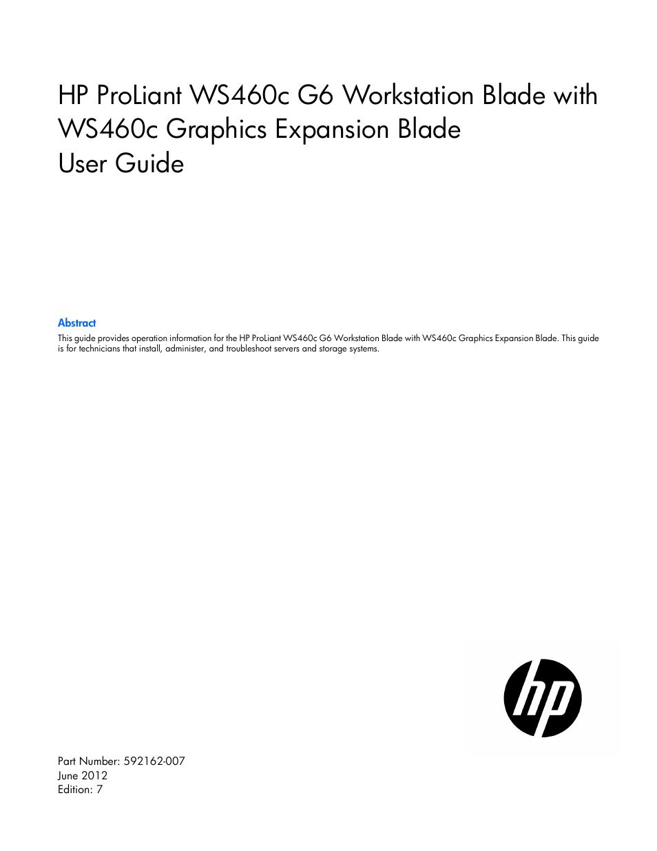 HP ProLiant WS460c G6 Workstation-Blade User Manual | 109 pages