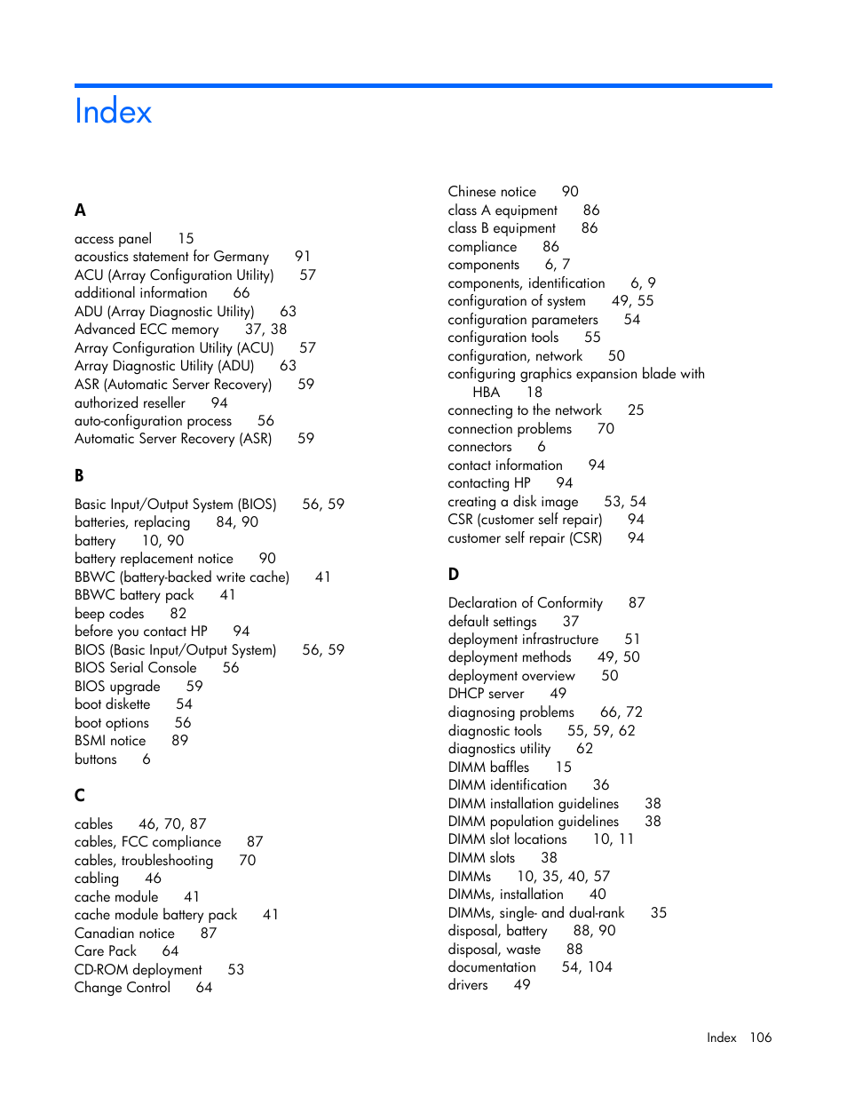 Index | HP ProLiant WS460c G6 Workstation-Blade User Manual | Page 106 / 109