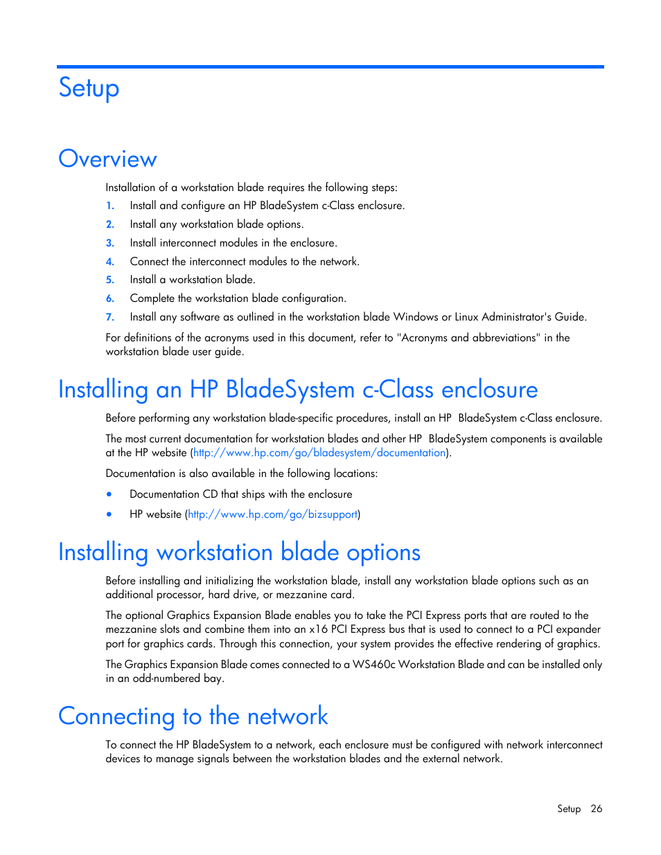 Setup, Overview, Installing an hp bladesystem c-class enclosure | Installing workstation blade options, Connecting to the network | HP ProLiant WS460c G6 Workstation-Blade User Manual | Page 26 / 109