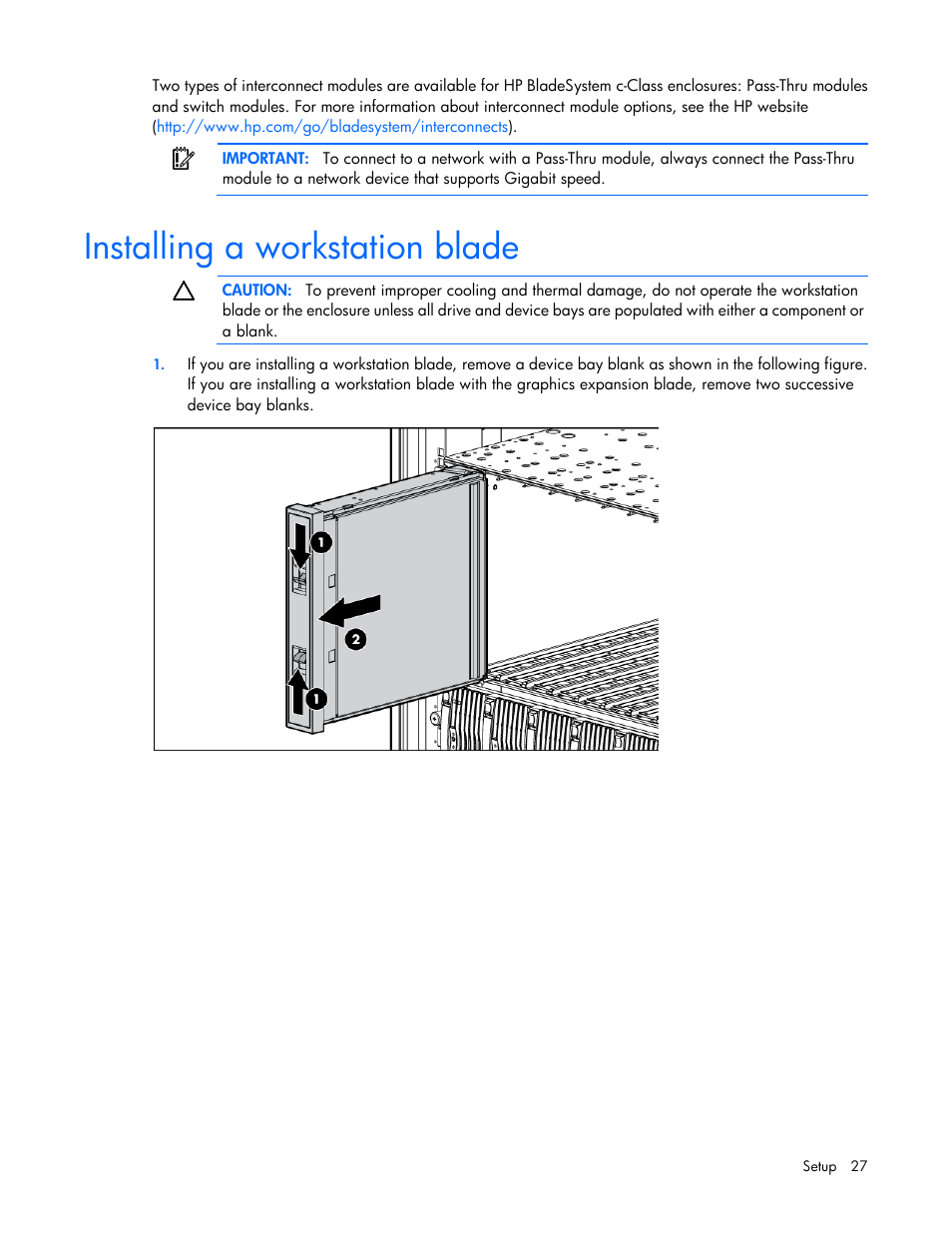 Installing a workstation blade | HP ProLiant WS460c G6 Workstation-Blade User Manual | Page 27 / 109