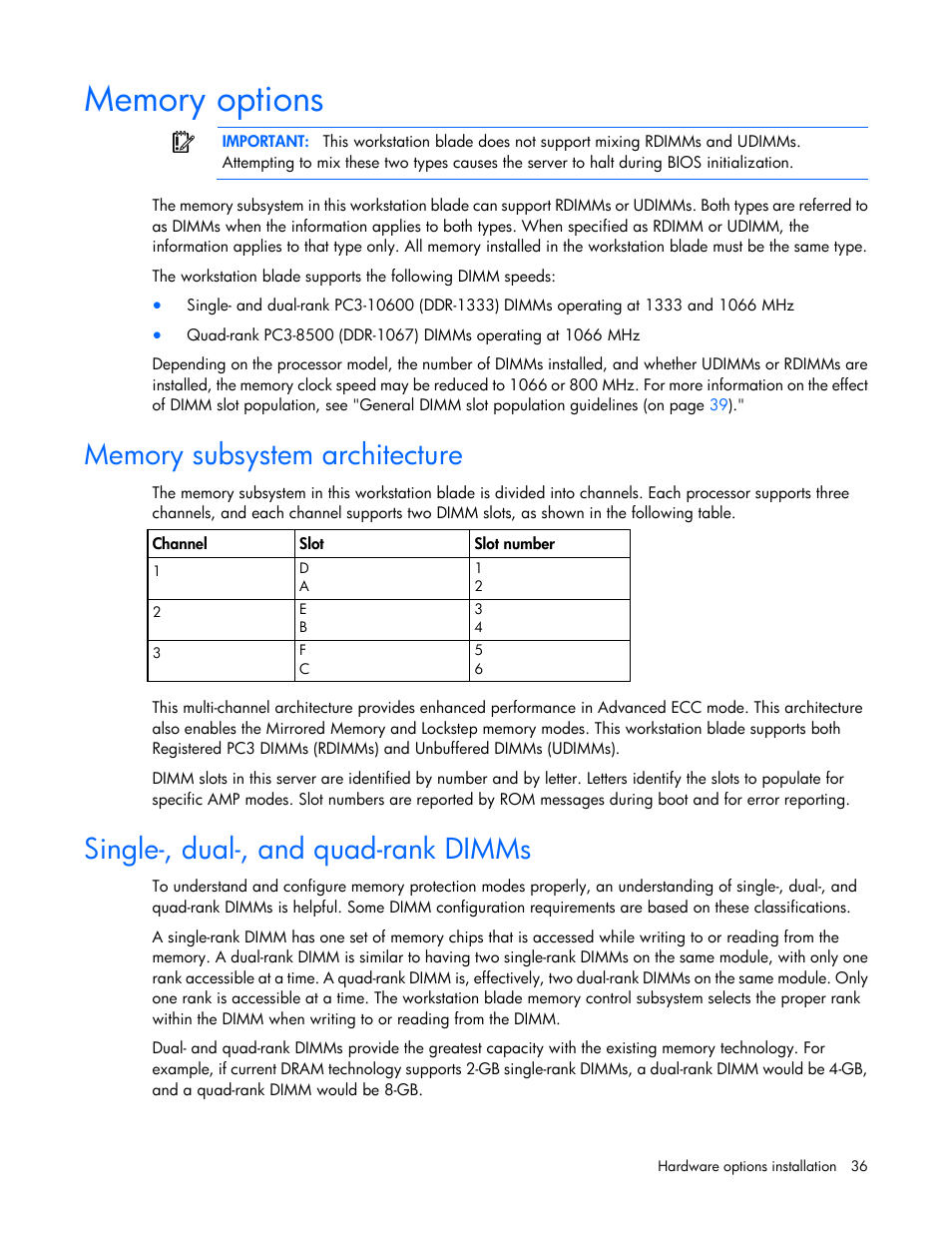 Memory options, Memory subsystem architecture, Single-, dual-, and quad-rank dimms | HP ProLiant WS460c G6 Workstation-Blade User Manual | Page 36 / 109