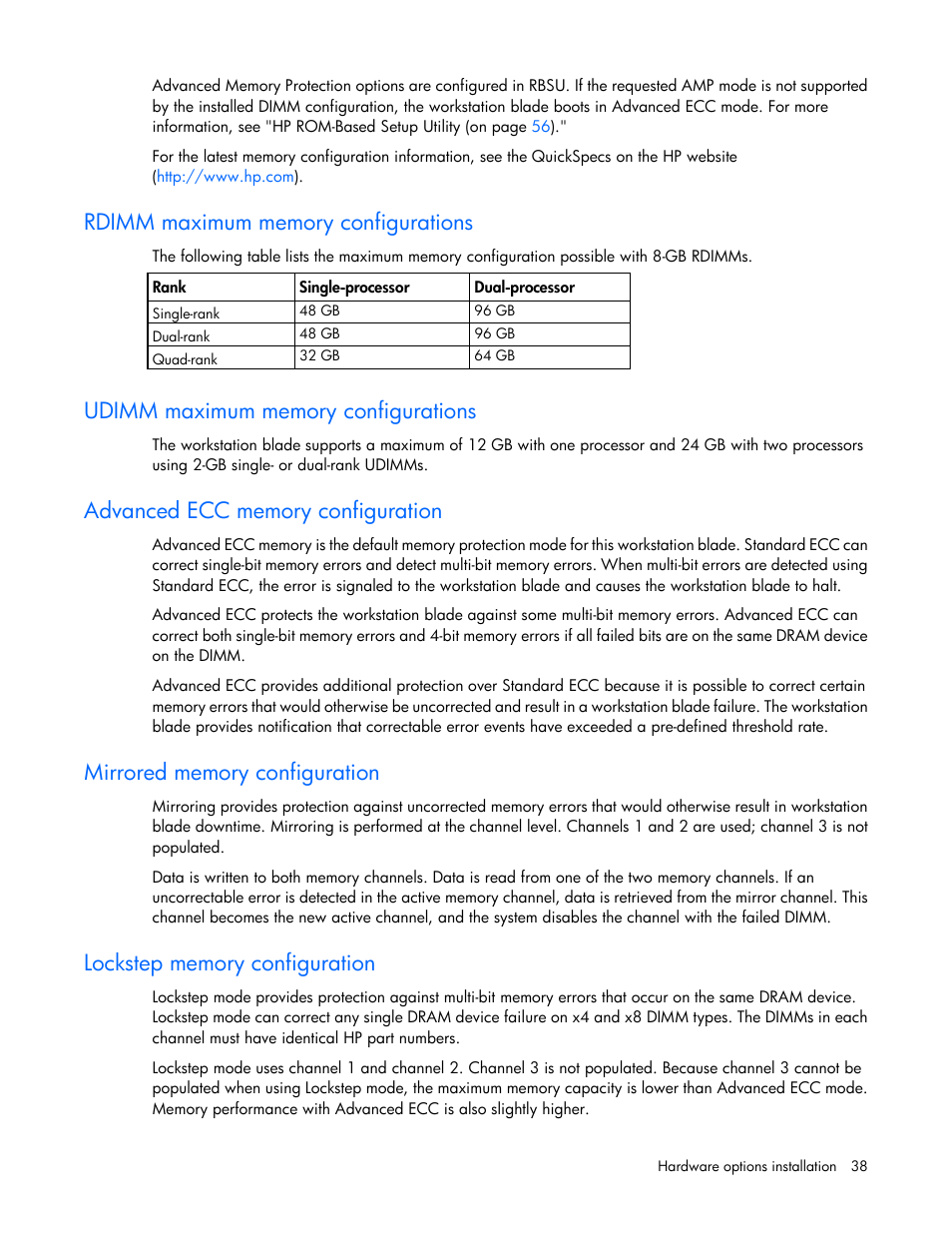 Rdimm maximum memory configurations, Udimm maximum memory configurations, Advanced ecc memory configuration | Mirrored memory configuration, Lockstep memory configuration | HP ProLiant WS460c G6 Workstation-Blade User Manual | Page 38 / 109
