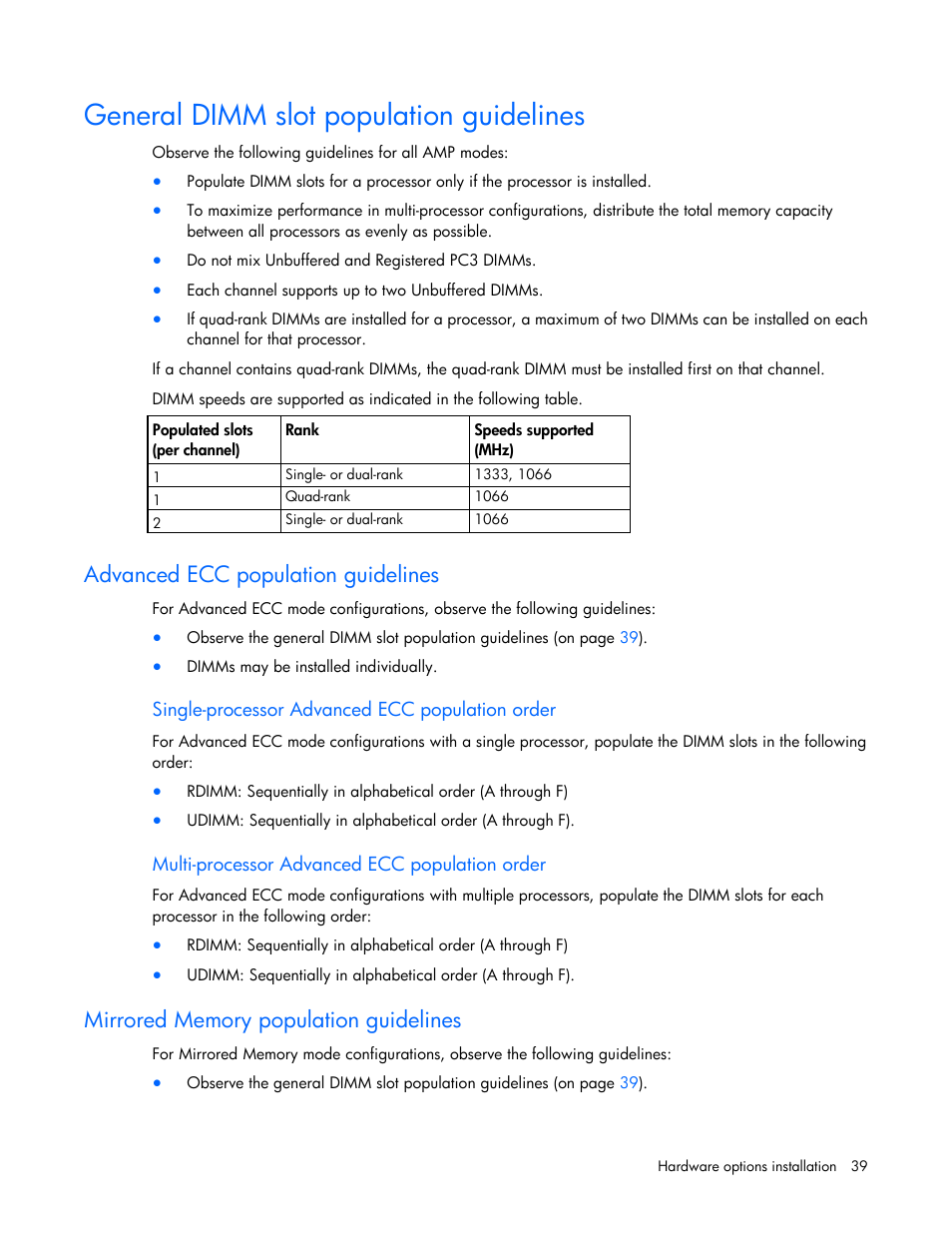 General dimm slot population guidelines, Advanced ecc population guidelines, Single-processor advanced ecc population order | Multi-processor advanced ecc population order, Mirrored memory population guidelines | HP ProLiant WS460c G6 Workstation-Blade User Manual | Page 39 / 109