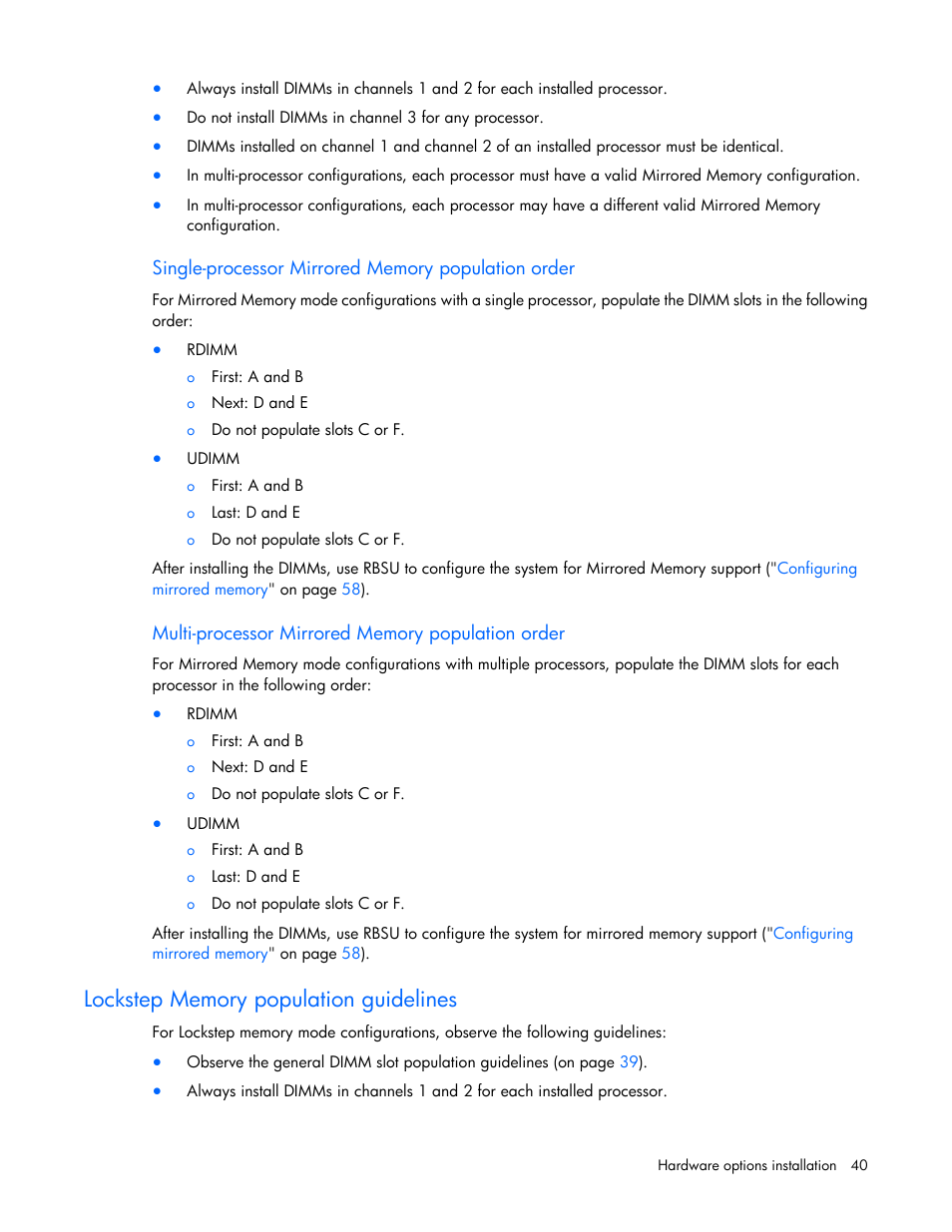 Single-processor mirrored memory population order, Multi-processor mirrored memory population order, Lockstep memory population guidelines | HP ProLiant WS460c G6 Workstation-Blade User Manual | Page 40 / 109