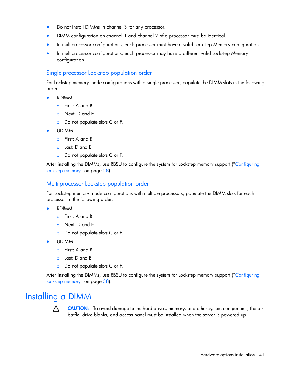 Single-processor lockstep population order, Multi-processor lockstep population order, Installing a dimm | HP ProLiant WS460c G6 Workstation-Blade User Manual | Page 41 / 109