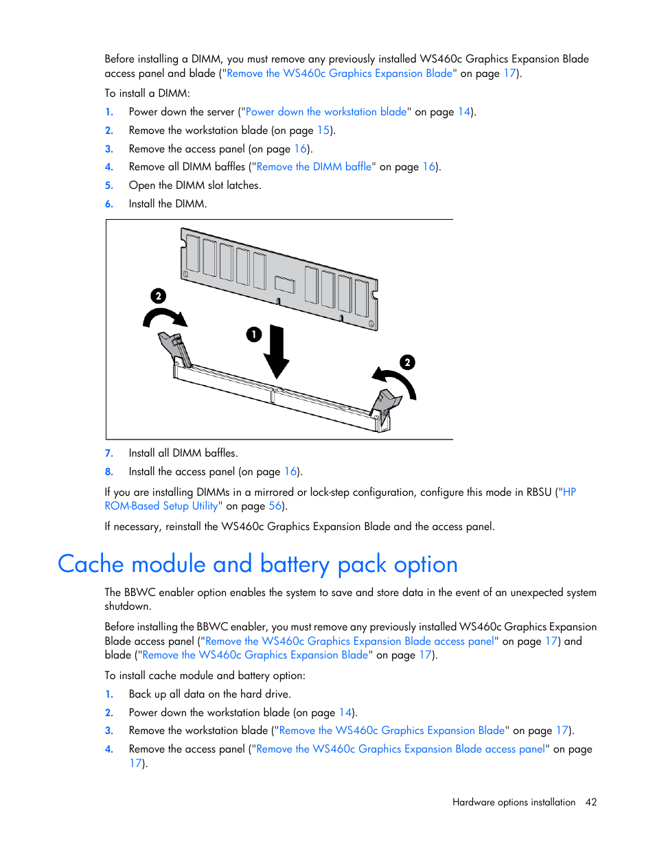 Cache module and battery pack option | HP ProLiant WS460c G6 Workstation-Blade User Manual | Page 42 / 109