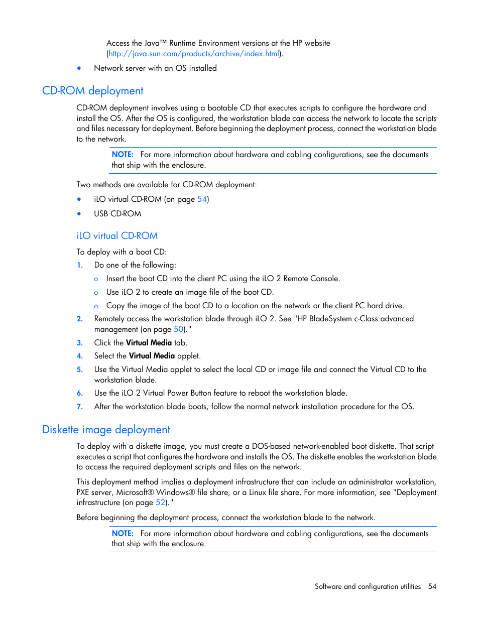 Cd-rom deployment, Ilo virtual cd-rom, Diskette image deployment | HP ProLiant WS460c G6 Workstation-Blade User Manual | Page 54 / 109