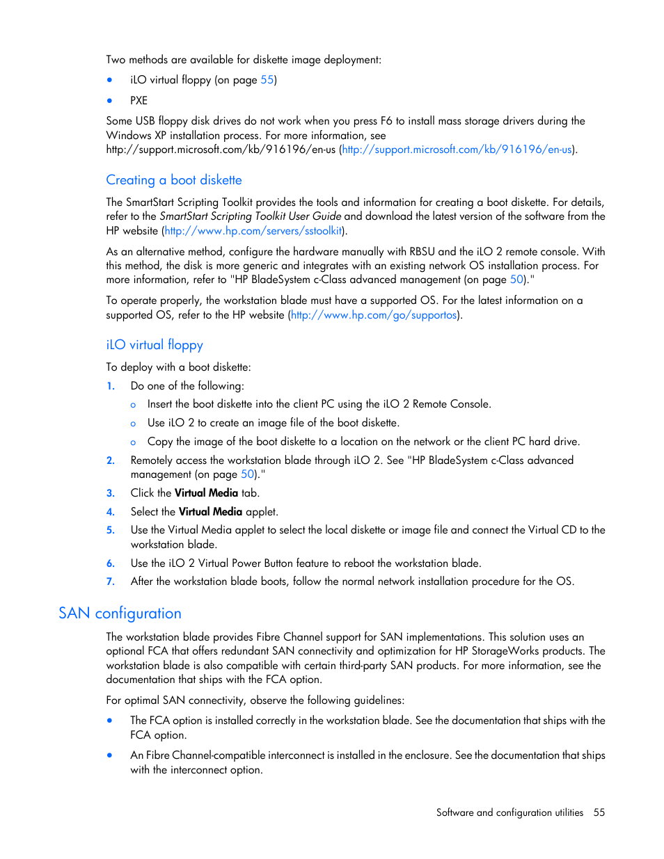 Creating a boot diskette, Ilo virtual floppy, San configuration | HP ProLiant WS460c G6 Workstation-Blade User Manual | Page 55 / 109