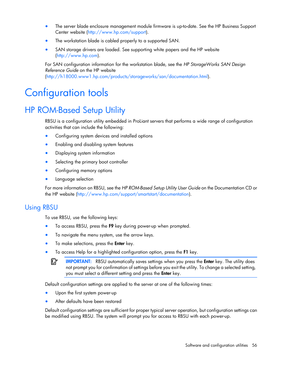 Configuration tools, Hp rom-based setup utility, Using rbsu | Rom-based setup utility | HP ProLiant WS460c G6 Workstation-Blade User Manual | Page 56 / 109