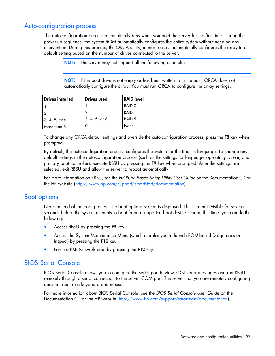 Auto-configuration process, Boot options, Bios serial console | HP ProLiant WS460c G6 Workstation-Blade User Manual | Page 57 / 109