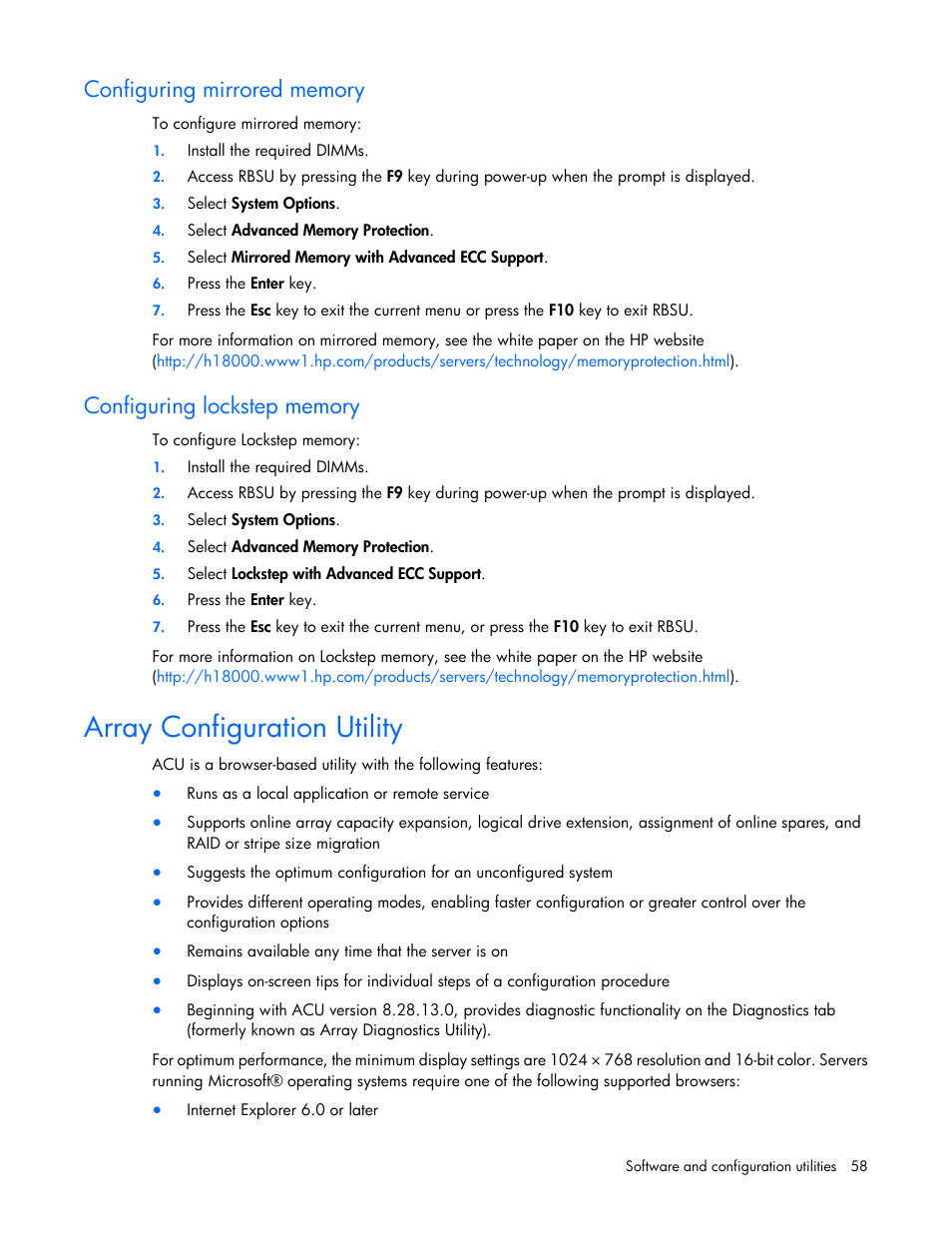 Configuring mirrored memory, Configuring lockstep memory, Array configuration utility | Configuring, Mirrored memory, Lockstep memory | HP ProLiant WS460c G6 Workstation-Blade User Manual | Page 58 / 109