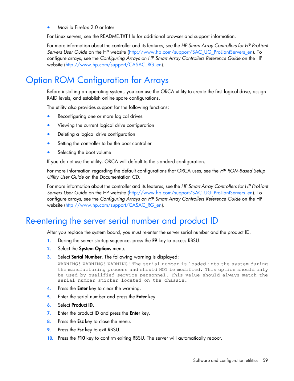 Option rom configuration for arrays | HP ProLiant WS460c G6 Workstation-Blade User Manual | Page 59 / 109