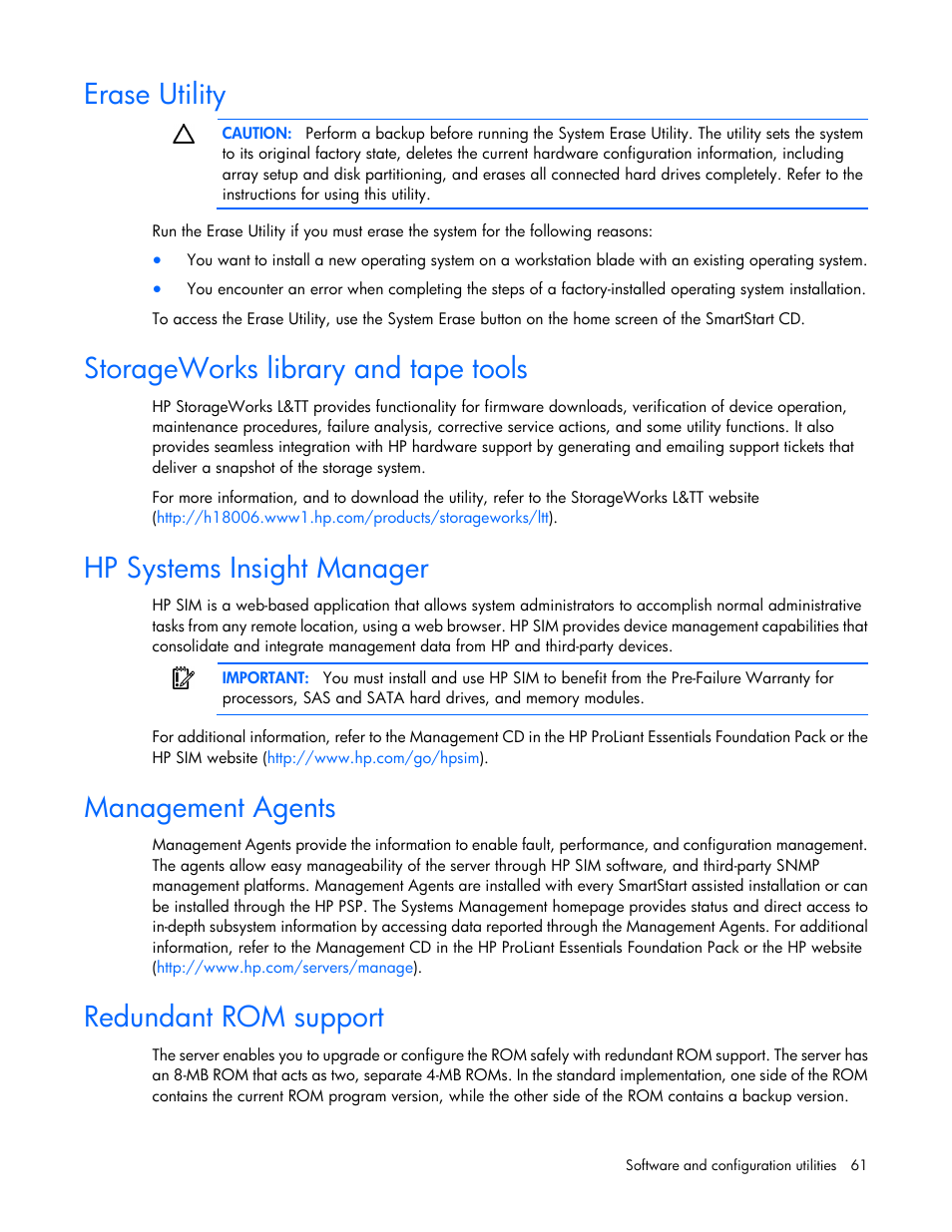 Erase utility, Storageworks library and tape tools, Hp systems insight manager | Management agents, Redundant rom support | HP ProLiant WS460c G6 Workstation-Blade User Manual | Page 61 / 109
