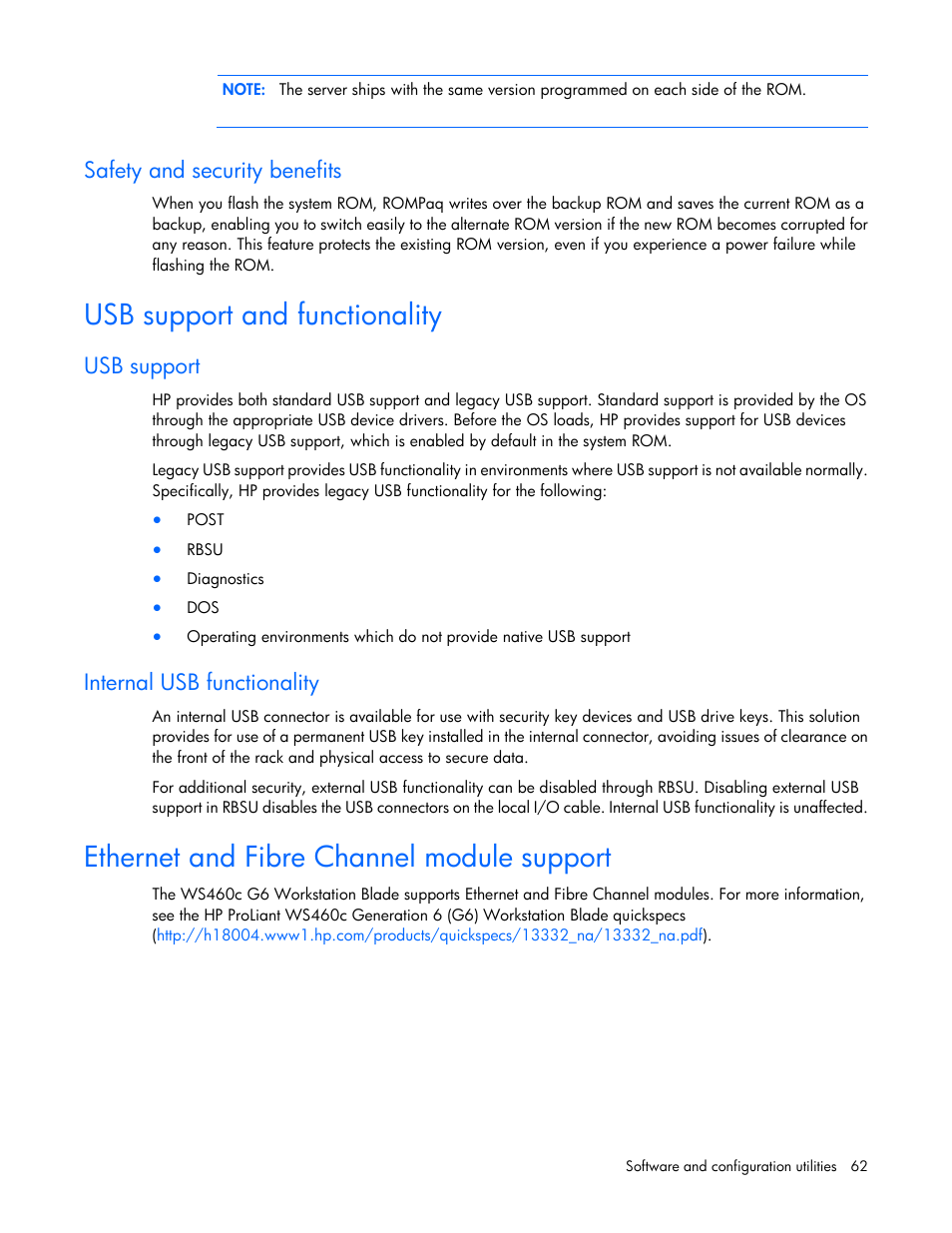 Safety and security benefits, Usb support and functionality, Usb support | Internal usb functionality, Ethernet and fibre channel module support | HP ProLiant WS460c G6 Workstation-Blade User Manual | Page 62 / 109