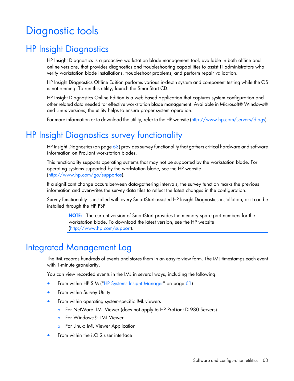 Diagnostic tools, Hp insight diagnostics, Hp insight diagnostics survey functionality | Integrated management log | HP ProLiant WS460c G6 Workstation-Blade User Manual | Page 63 / 109