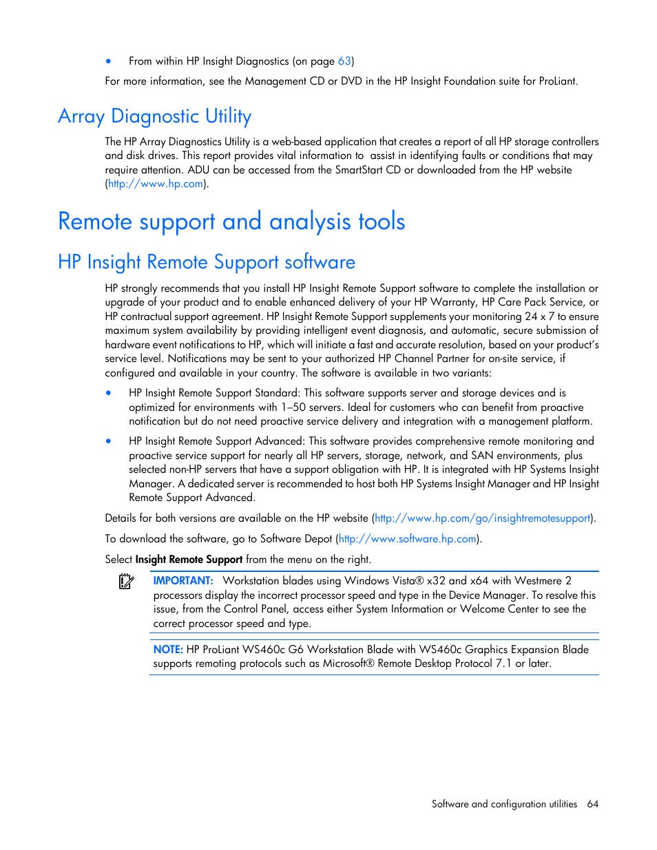 Array diagnostic utility, Remote support and analysis tools, Hp insight remote support software | HP ProLiant WS460c G6 Workstation-Blade User Manual | Page 64 / 109