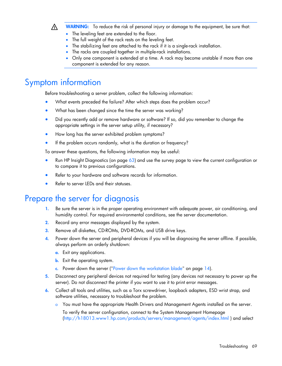 Symptom information, Prepare the server for diagnosis | HP ProLiant WS460c G6 Workstation-Blade User Manual | Page 69 / 109