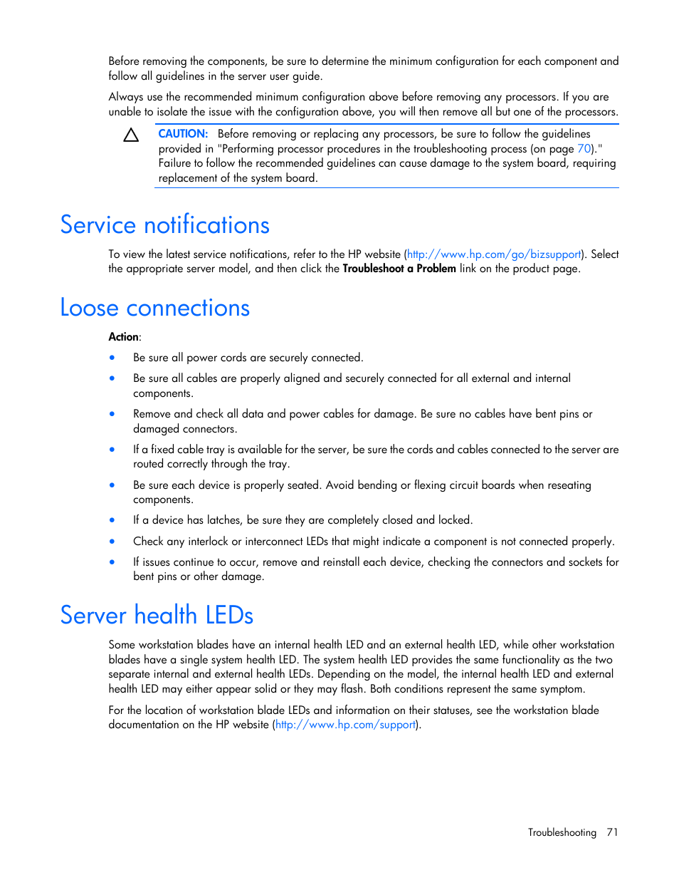 Service notifications, Loose connections, Server health leds | HP ProLiant WS460c G6 Workstation-Blade User Manual | Page 71 / 109