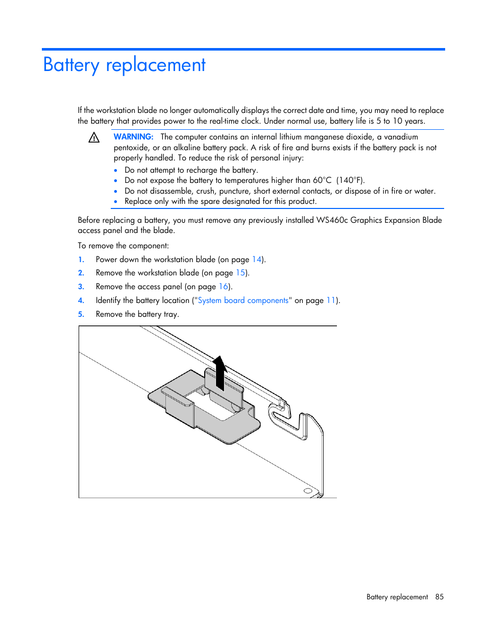 Battery replacement | HP ProLiant WS460c G6 Workstation-Blade User Manual | Page 85 / 109