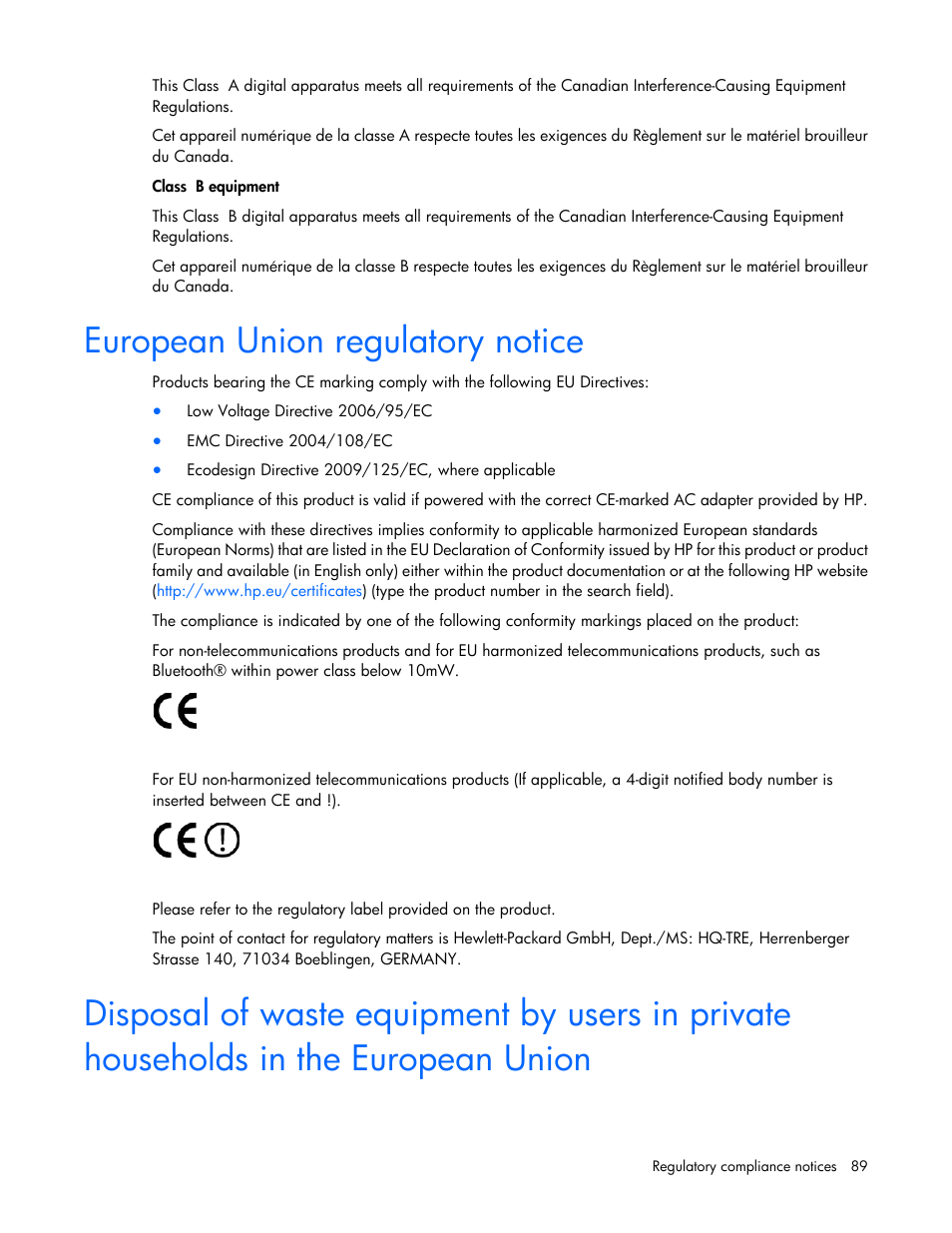 European union regulatory notice | HP ProLiant WS460c G6 Workstation-Blade User Manual | Page 89 / 109