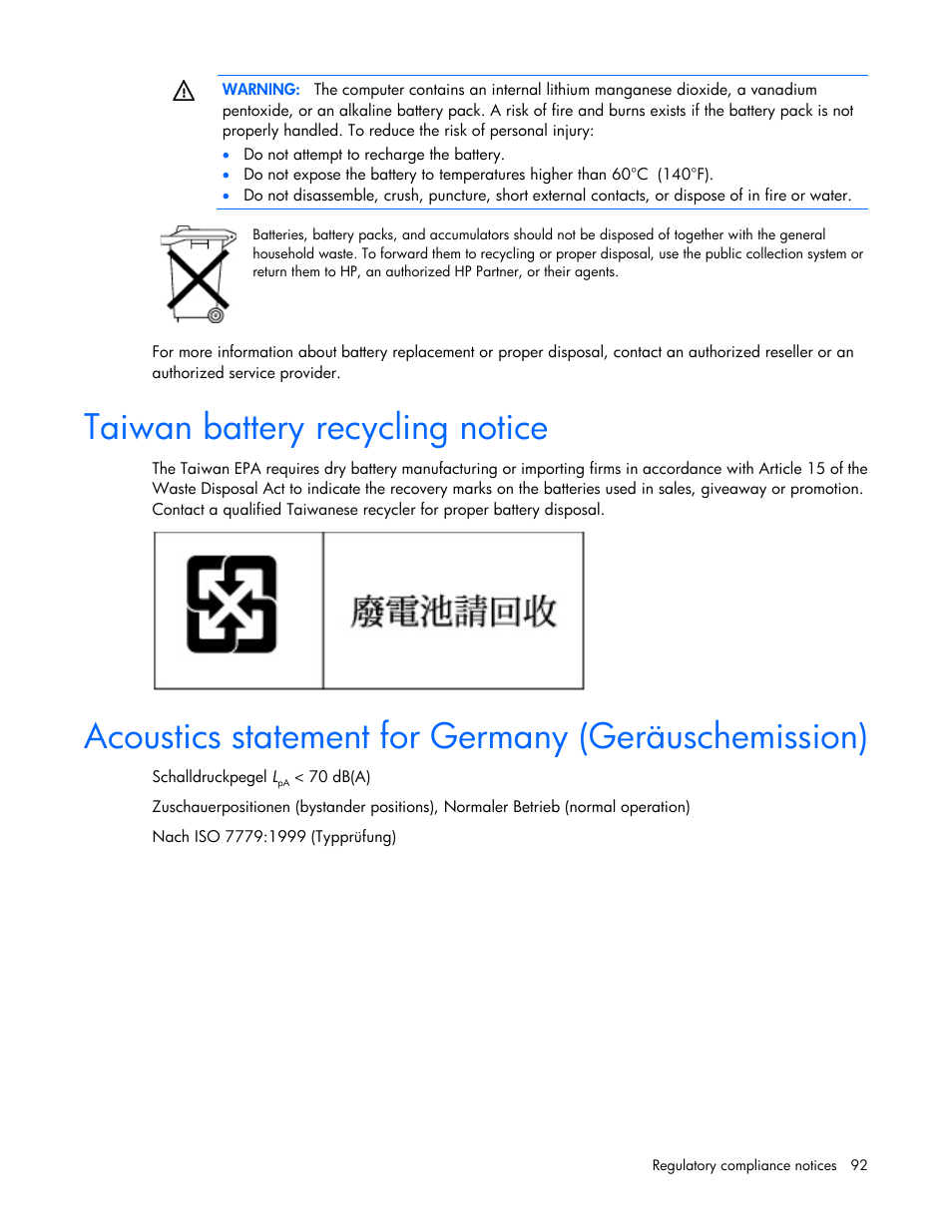Taiwan battery recycling notice, Acoustics statement for germany (geräuschemission) | HP ProLiant WS460c G6 Workstation-Blade User Manual | Page 92 / 109