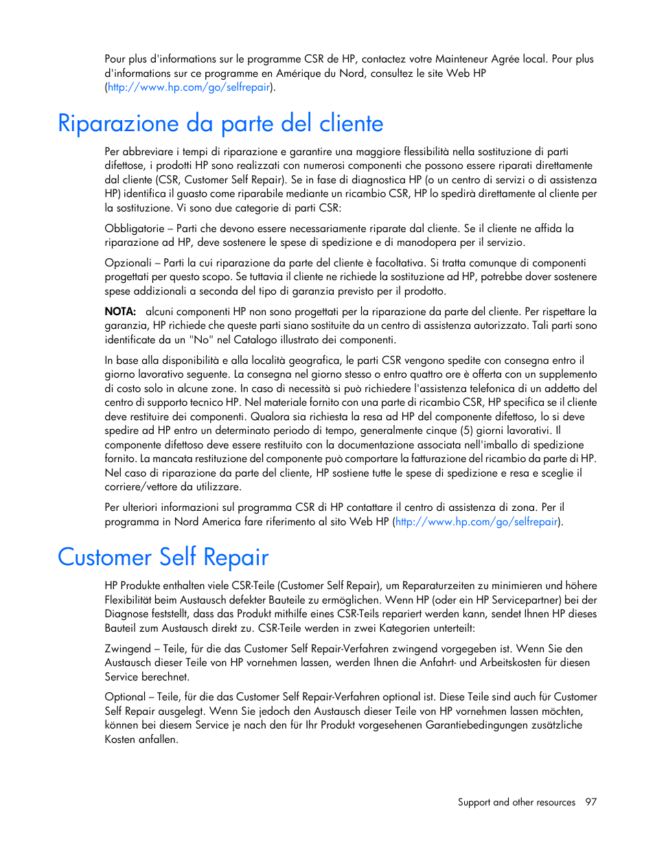Riparazione da parte del cliente, Customer self repair | HP ProLiant WS460c G6 Workstation-Blade User Manual | Page 97 / 109