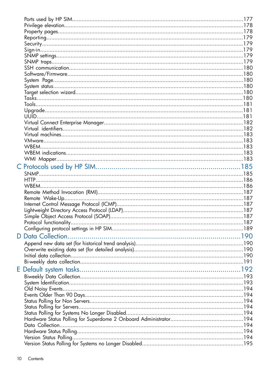 C protocols used by hp sim, D data collection, E default system tasks | HP Systems Insight Manager User Manual | Page 10 / 234