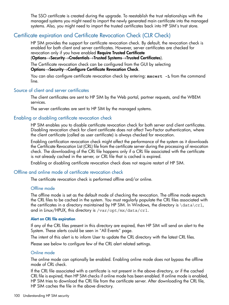 Source of client and server certificates, Enabling or disabling certificate revocation check, Offline mode | Alert on crl file expiration, Online mode, Offline mode online mode | HP Systems Insight Manager User Manual | Page 100 / 234
