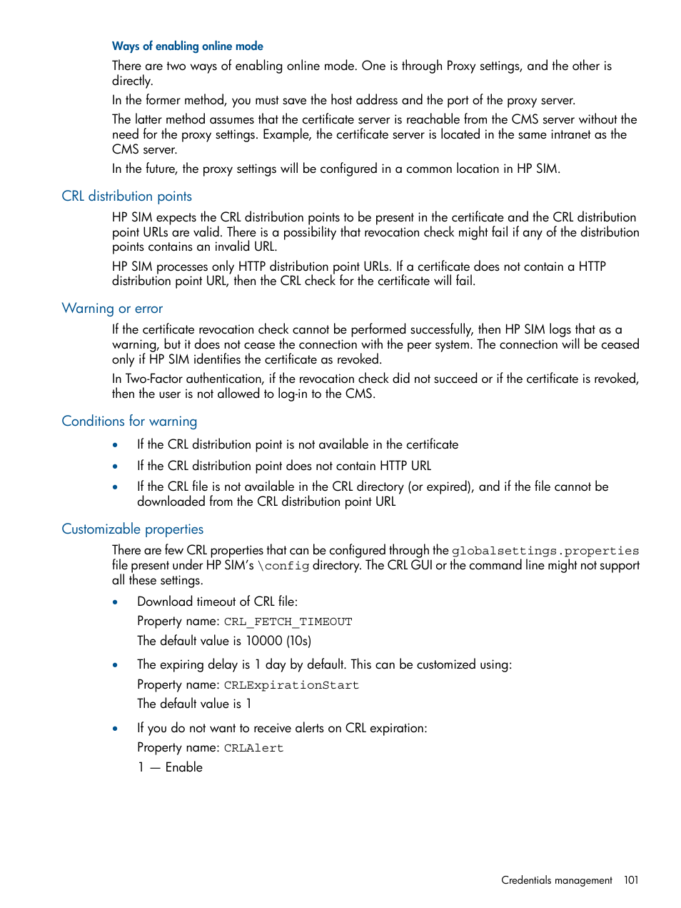 Ways of enabling online mode, Crl distribution points, Warning or error | Conditions for warning, Customizable properties | HP Systems Insight Manager User Manual | Page 101 / 234