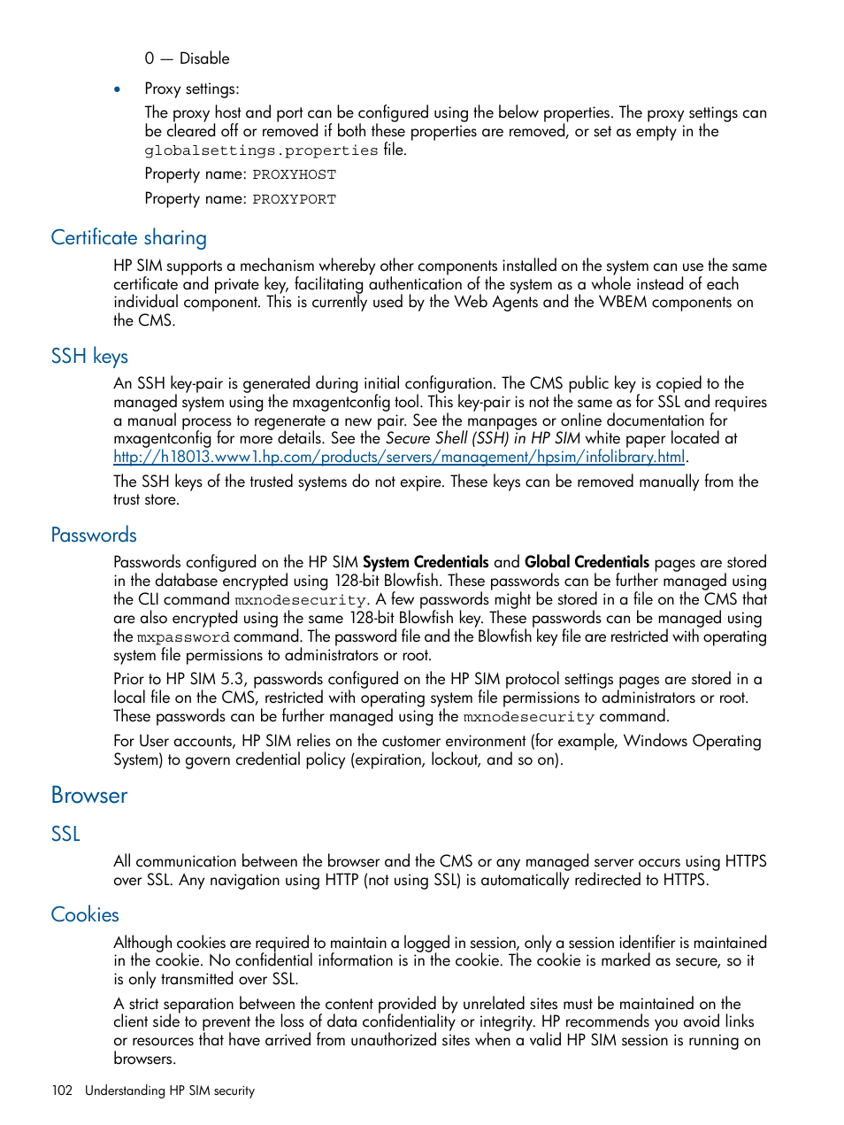 Certificate sharing, Ssh keys, Passwords | Browser, Cookies, Certificate sharing ssh keys passwords, Ssl cookies | HP Systems Insight Manager User Manual | Page 102 / 234
